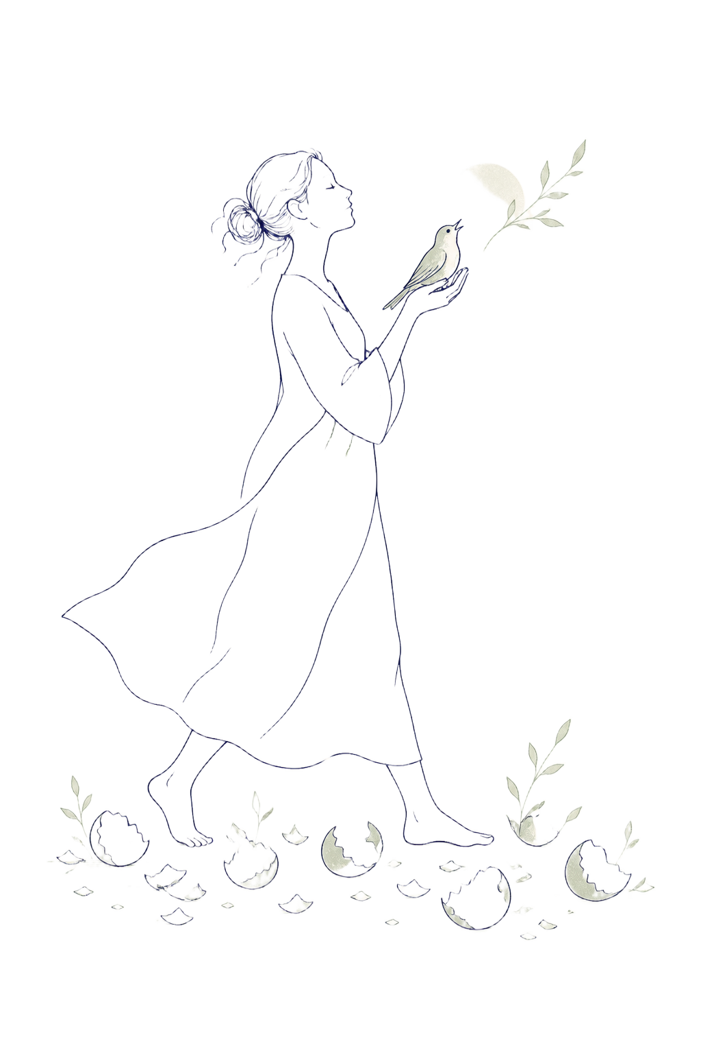Ilustración minimalista de una mujer caminando entre cáscaras de huevo y sosteniendo un pájaro que recupera su voz
